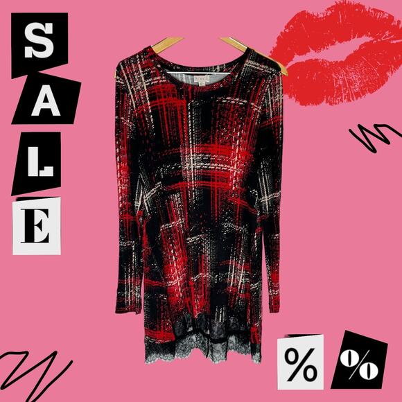Womens Logo Black Red Plaid long sleeve Scoop Neck lace trim Tunic Dress Medium - Picture 6 of 6